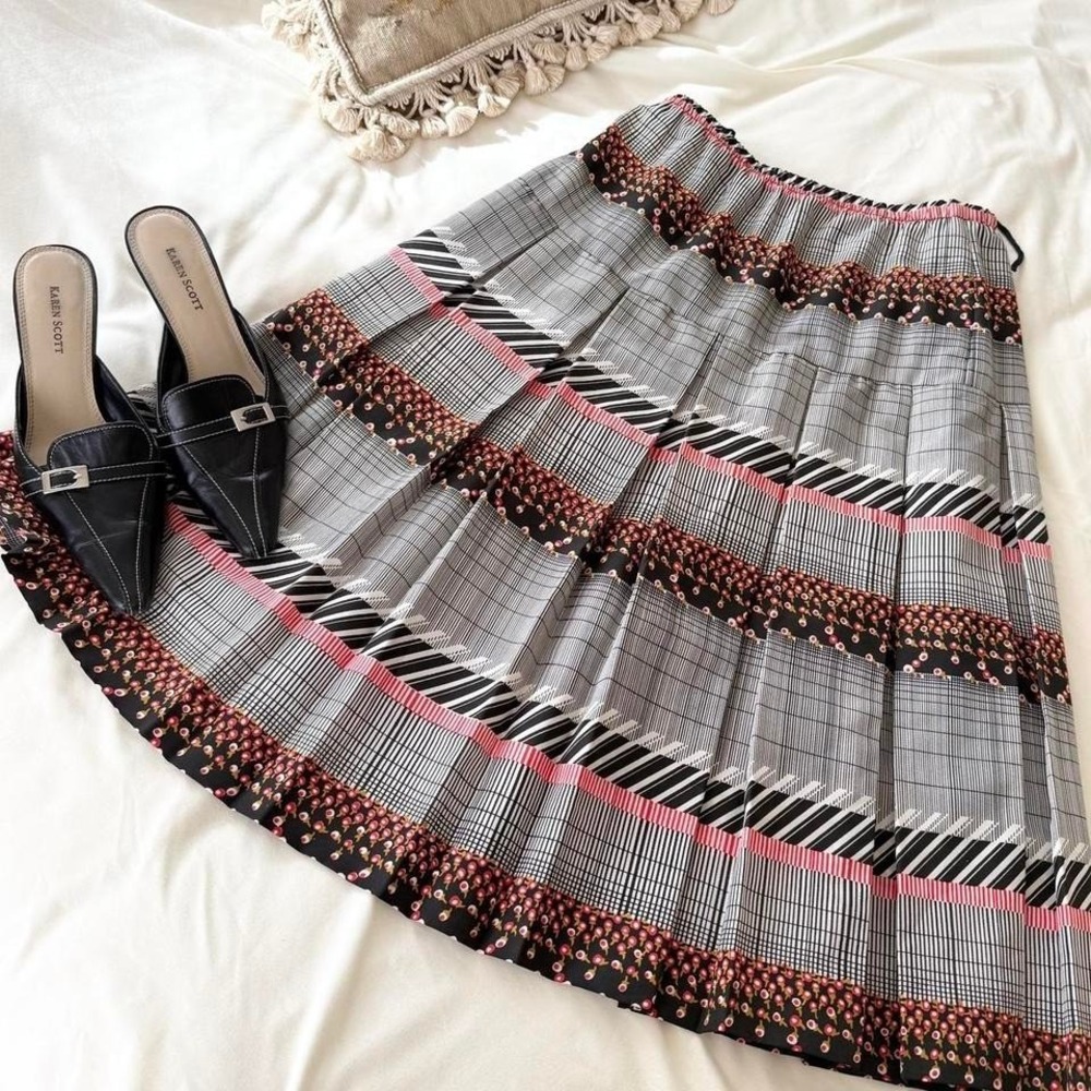 Elegant Plaid Midi Skirt - Black, Gray, Pink